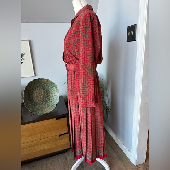 Vintage Talbots 90s Belted Maxi Dress Pleated Skirt Button Up Bodice Red Mustard - Picture 2 of 7